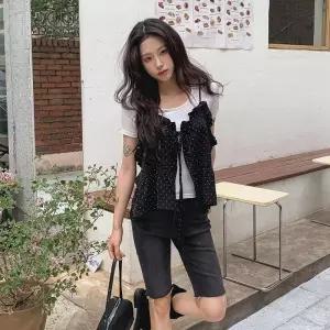 여자 베이직 도트 시스루 프릴 레이어드 뷔스티에 조끼