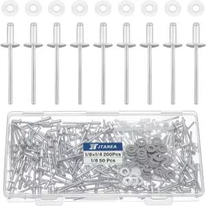 JTAREA 250pcs 1/8 x 1/4 실버 알루미늄 팝 리벳 스테인리스 스틸 와셔 3.2 6.4mm 블라인드 모음 키트 포함