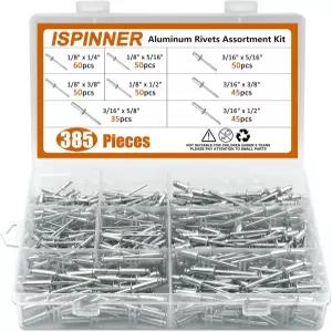 ISPINNER 385pcs 8사이즈 알루미늄 블라인드 리벳 팝 모음 키트 실버
