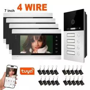 투야 스마트 4유닛 7인치 모니터 스크린 아파트 인터콤 비디오 도어벨 RFID 카드 앱 해제 4선 1080P 광각
