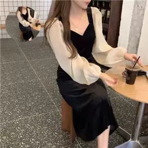 여성 벨벳 배색 롱원피스 데일리 시스루소매 블라우스