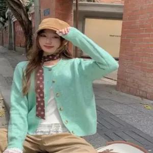 여성 데일리 파스텔 민트컬러 라운드넥 단추 가디건