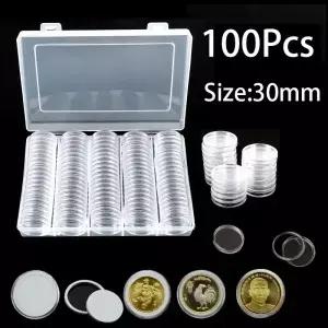 100Pcs 30mm 지우기 동전 캡슐 홀더 케이스 투명 기념 수집 가능한 보관 상자 컬렉션 용품