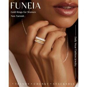 여성용 FUNEIA 스태커블 골드 링, 변색되지 않는 귀여운 큐빅 엄지 6-11 스택, 웨딩 주얼리 지르코니아 반지 링 14K 세트 사이즈 핑키 도금 청키 약혼 밴드