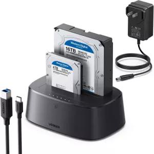 UGREEN 듀얼 베이 하드 드라이브 도킹 스테이션 - 최대 48TB USB C 3.0에서 SATA I/II/III 인클로저 리더