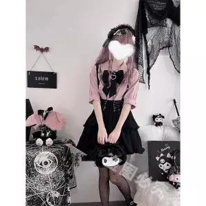 여성테마의류 레이스 플레어 소매 길이소매 핑크 셔츠 멜빵 스커트 지뢰계 세트 심쿵직구