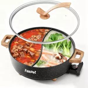칸막이가 있는 펀팟 전기 트윈 컴파트먼트 냄비 다이아몬드 그리드 엠보싱 베이스 1350W 온도 조절 대용량