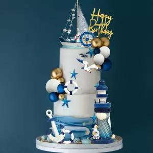 해리 테마 생일을 위한 케이크 탑퍼 배 등대 블루 화이트 볼 갈매기 앵커 러더 장식 스타일 01