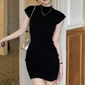 여성 하이넥 슬림핏 캡소매 미니 원피스 DHHE88