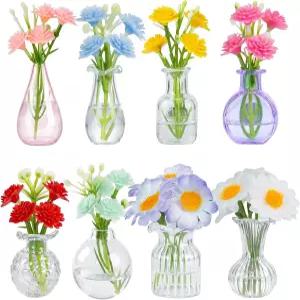 인공 꽃이 달린 삼리어 8PCS 미니 유리병 냉장고 자석 사무실 및 주방 캐비닛 장식용 귀여운 작은 꽃병