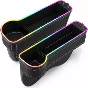 USB 충전기가 있는 Obvade 2팩 카시트 갭 플러그 저장 슬롯 업그레이드 LED 필러 정리함 컵 홀더 카드 더