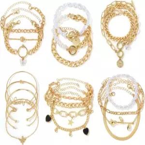 IFKM 6 Pack 24 PCS 보호 골드 체인 팔찌 여성용 세트 14K 도금 다층 스태커블 오픈 커프 랩 뱅글 조절