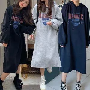 여성 영문 포인트 기모 안감 후드 원피스 URK-416