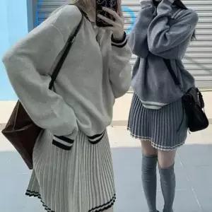 데일리룩 여성 배색 니트 투피스 긴팔 플리츠 스커트 셋업 세트