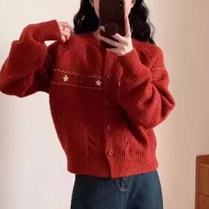여성 라운드 넥 가을 겨울 꽃 자수 가디건 레드 HeR89yXU