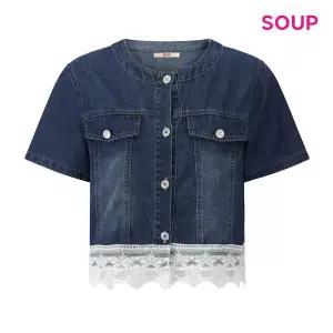 [SOUP](타임스퀘어점패션관)자수 레이스 밑단 워싱 데님 반팔 자켓 (S65JK02)