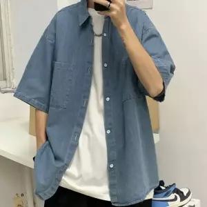 남성 데님 반팔 셔츠 스트릿 오버핏 청남방 캐주얼룩 남성린넨셔츠 (WC4A3EF)