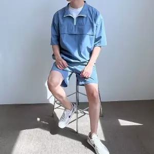 남성 데님셋업 운동복 헬스옷 아노락 반팔 반바지 세 남자반팔세트 (WE80ECC)
