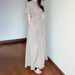 [하프클럽/]깔끔한 라운드넥 반팔 스트랩 롱 원피스 데일리룩