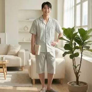[하프클럽/]남성 체크 카라 반팔 5부바지 파자마 상