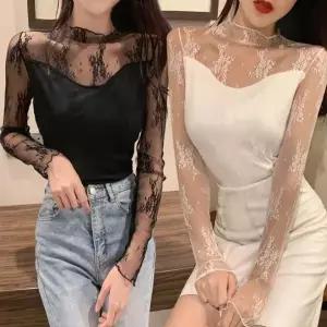 [하프클럽/]여성 시스루 망사 블라우스 긴팔 이너 티셔츠 레이어드 상의