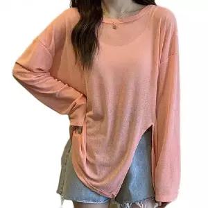 [하프클럽/]여성 시스루 긴팔 루즈핏 여름 라운드 티셔츠
