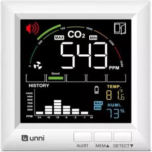 UNNI CO2 가정용 모니터 3개의 조절 가능한 경고 볼륨 및 백라이트 온도 습도 실내 공기질 광음향 센서