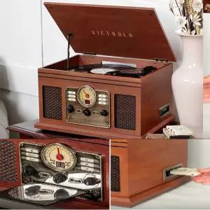 (빅트롤라)레트로디자인 빈티지 LP 턴테이블 올인원 블루투스 오디오 CD플레이어 카세트 FM라디오 5Y