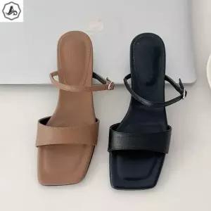 [애슬릿] 스퀘어 뮬 발편한 가죽 버클 투스트랩 통굽 슬라이드 3cm