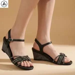 [애슬릿] 가죽 샌들 큐빅 꼬임 스트랩 통굽 웨지 발편한 키높이 6cm