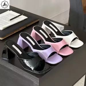 [애슬릿] 통굽 뮬 에나멜 핑크 퍼플 발편한 키높이 슬리퍼 힐 7cm