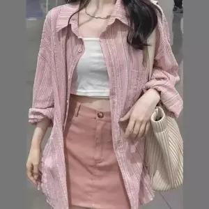 여자 모던 루즈핏 세로 스트라이프 긴팔 셔츠