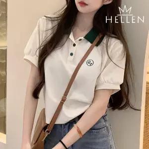 헬렌 배색 카라넥 폴로넥 퍼프 반팔 카라티 티셔츠 캐주얼 데일리룩 파운드반팔카라T G-4