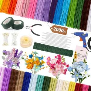 2000 PCS 파이프 클리너 플라워 키트 30 가지 다양한 색상의 공예품 지침서가 포함된 샤닐 스템 벌크 핫 건