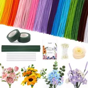 1050 PCS 파이프 클리너 플라워 키트 15 가지 다양한 색상의 공예품 지침서가 포함된 DIY 꽃 만들기 샤닐