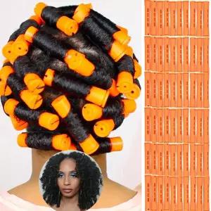 클리오네 60pcs 천연 헤어 플라스틱 콜드 웨이브 로드 논슬립 롤러 세트 087인치 오렌지 파마 롱 쇼트 컬링