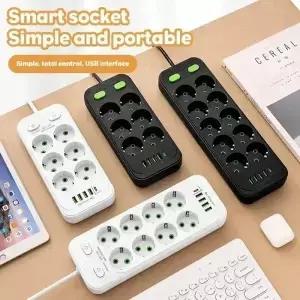 EU 플러그 AC 콘센트 멀티탭 전원 스트립 2m 연장 코드 전기 소켓 스마트 USB 홈 오 서지 프로텍터