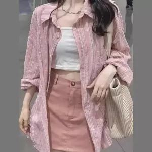 여자 모던 루즈핏 세로 스트라이프 긴팔 셔츠