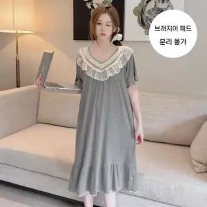 옥뚜브레 여름 커플잠옷세트 롱스커트 빅사이즈 잠옷 공주 패드 반팔 UNO2