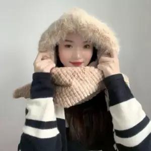 [하프클럽/]일체형 후드 목도리 여성 겨울 방한 모자 장갑 후디 머플러 귀도