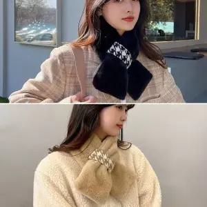[하프클럽/]하운드체크 패턴 퍼 머플러 겨울 크로스 털목도리 비건  따뜻한