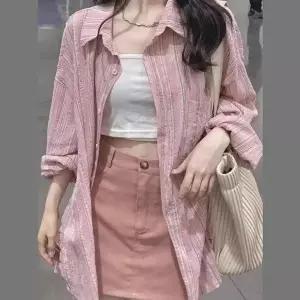 여자 모던 루즈핏 세로 스트라이프 긴팔 셔츠_25382811_588872