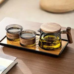 호두나무 티팟 티포트 800ml 세트 내열 고급 차주전자 핸들 찻잔 투명 내열유리 주인잔
