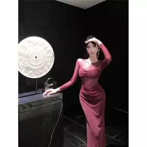 세군다 여사친 원피스 가을 망사 슬림핏 긴팔 펄 롱스커트 하객 DOS3