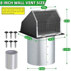 8인치 통풍구 커버 갈바니즈드 배기구 댐퍼 스크린 후드 HVAC 통풍구 주방 레인지 건조기 덕트 야외 스틸