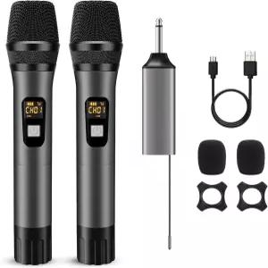 보이점프 무선 마이크 휴대용 UHF 듀얼 메탈 다이내믹 시스템 충전식 수신기 200피트 범위 노래방 연설