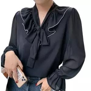 여성스러운티셔츠 데일리 프릴 리본 블라우스 여성 쉬폰 긴팔 티셔츠