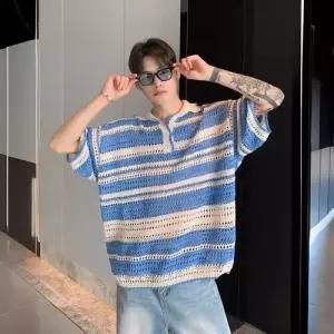 니트 빈티지 캐주얼 님성 카라 펀칭 루즈핏 칼라 스트라이프 봄여름 반팔 데일리 폴라 티셔츠 반팔티 다올2