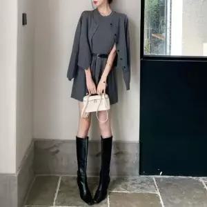 투피스세트 블랙벨트 플리츠 원피스 니트 가디건 그레이 세트