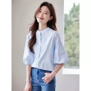 여자 롱 면 빈티지 하계 오피스룩 러블리 카디건 벌룬 반팔 셔츠 다올2